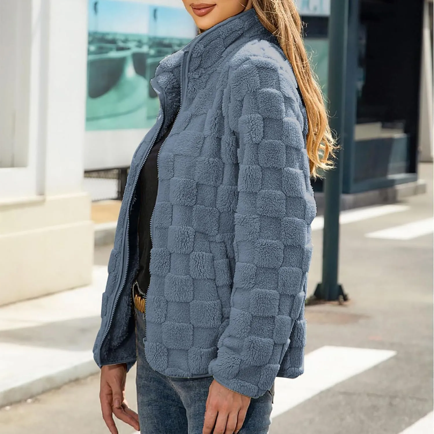 Solid Color Standing Collar Long Sleeve Warm Comfy Zipper Cardigan Loose Plush skeleton providence Jacket Women's Plush Jacket Casual 