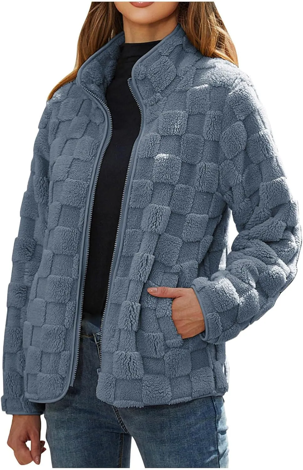 Solid Color Standing Collar Long Sleeve Warm Comfy Zipper Cardigan Loose Plush skeleton providence Jacket Women's Plush Jacket Casual 