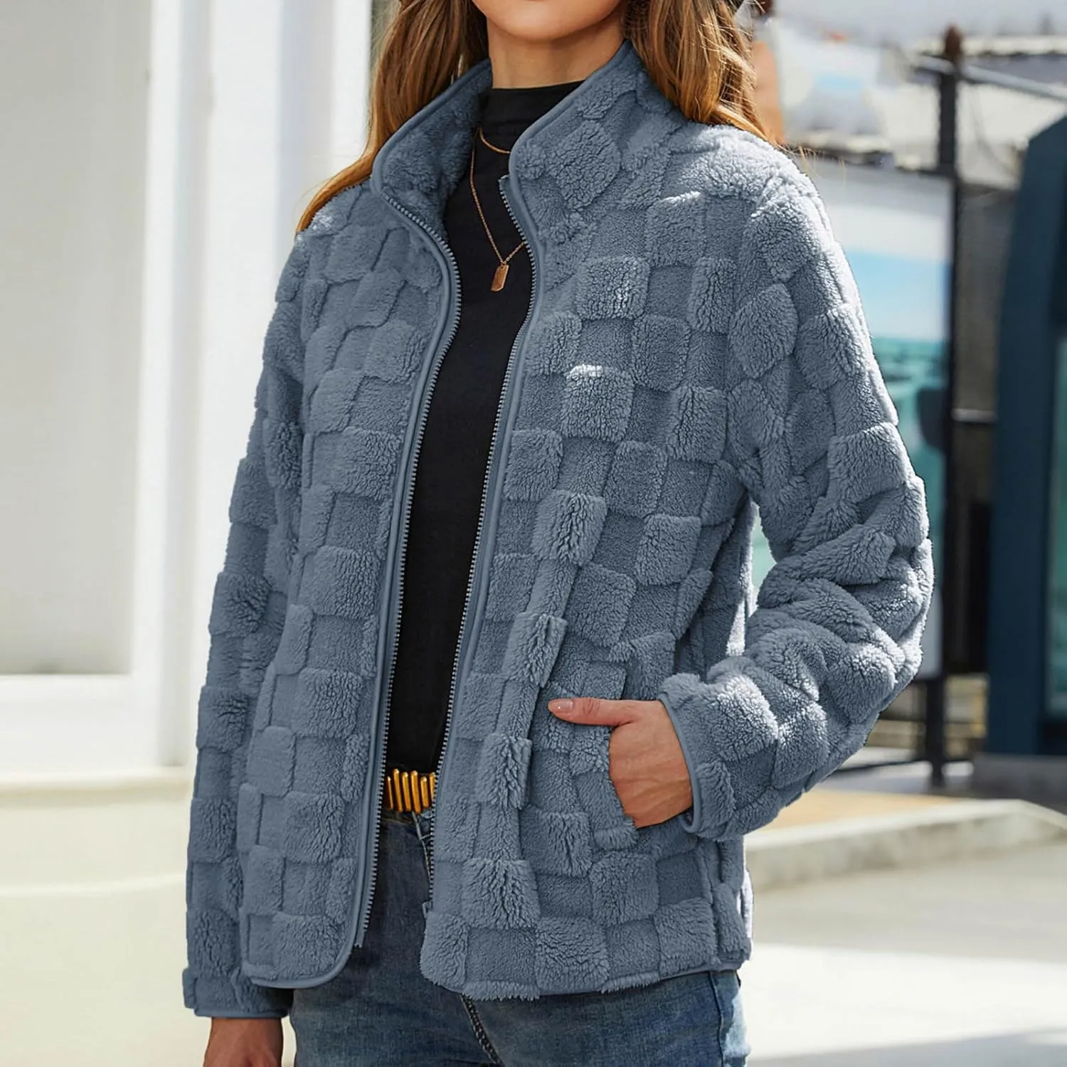 Solid Color Standing Collar Long Sleeve Warm Comfy Zipper Cardigan Loose Plush skeleton providence Jacket Women's Plush Jacket Casual 