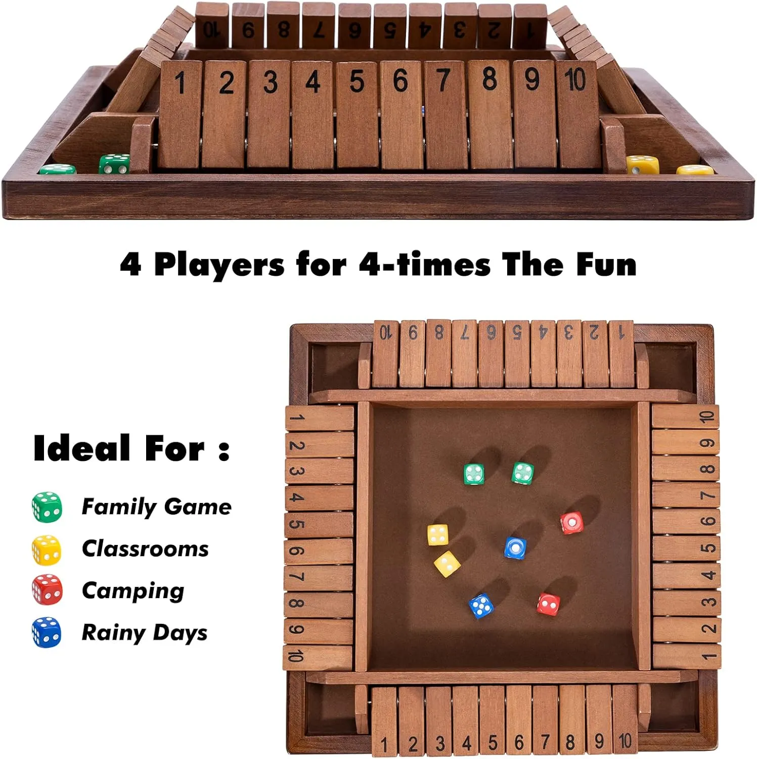 spawn attire Handcrafted Board Game 1-4 Players, Educational Math Learning Games with 8 Dice 4 Colors, Classic Family Entertainment Gift Shut The Box Premium Wooden Dice Game - Large 12 Inch 