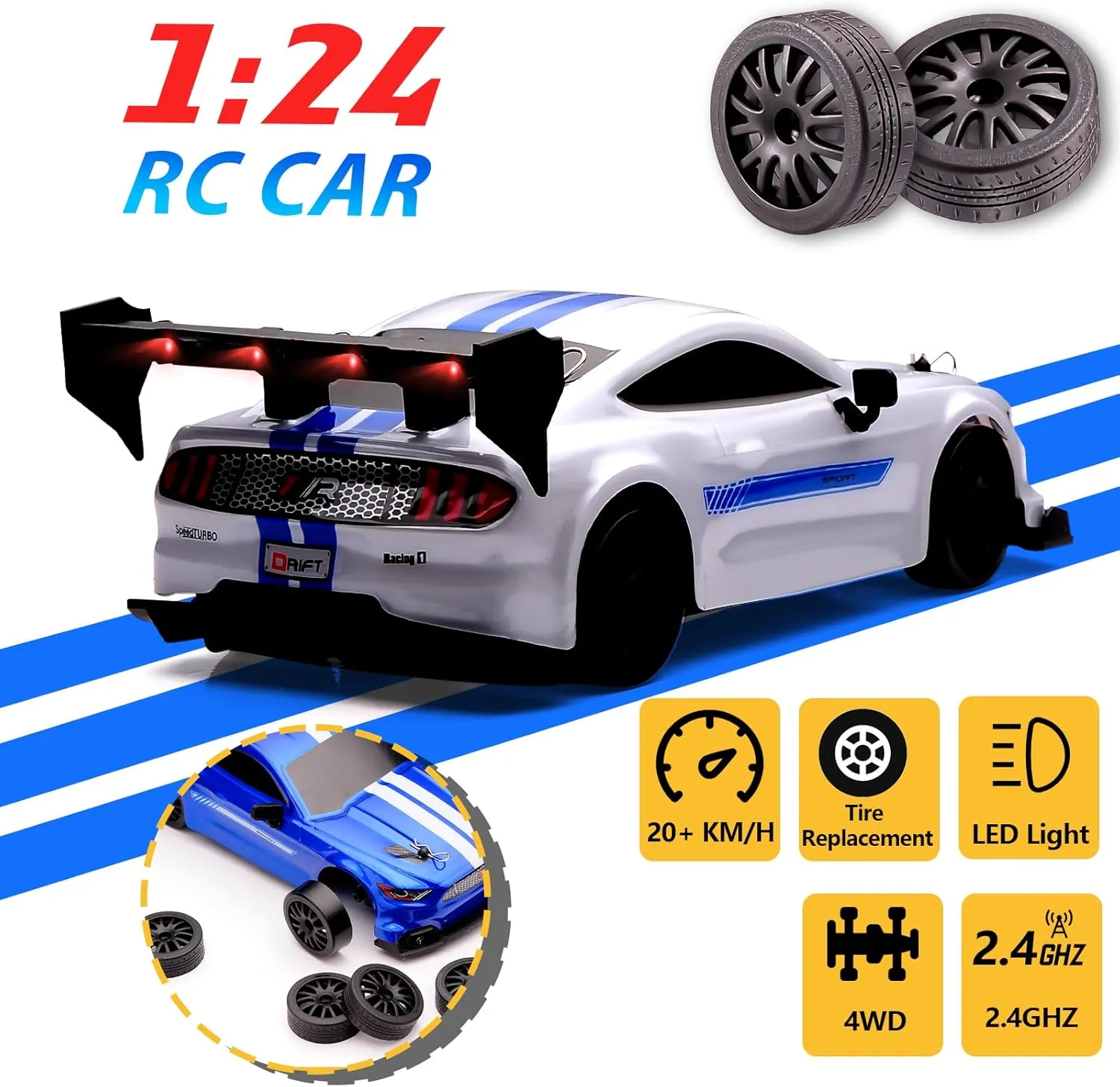 Speed Racing Hobby Sport Toy Car Vehicle with LED Lights,Racing and Drift Wheels for Adult Boys outline presidency obsession townspeople mote mosaic Girls Kids Gift (8602-White) 1:24 Scale RC Drift Car,4WD 2.4GHz High 