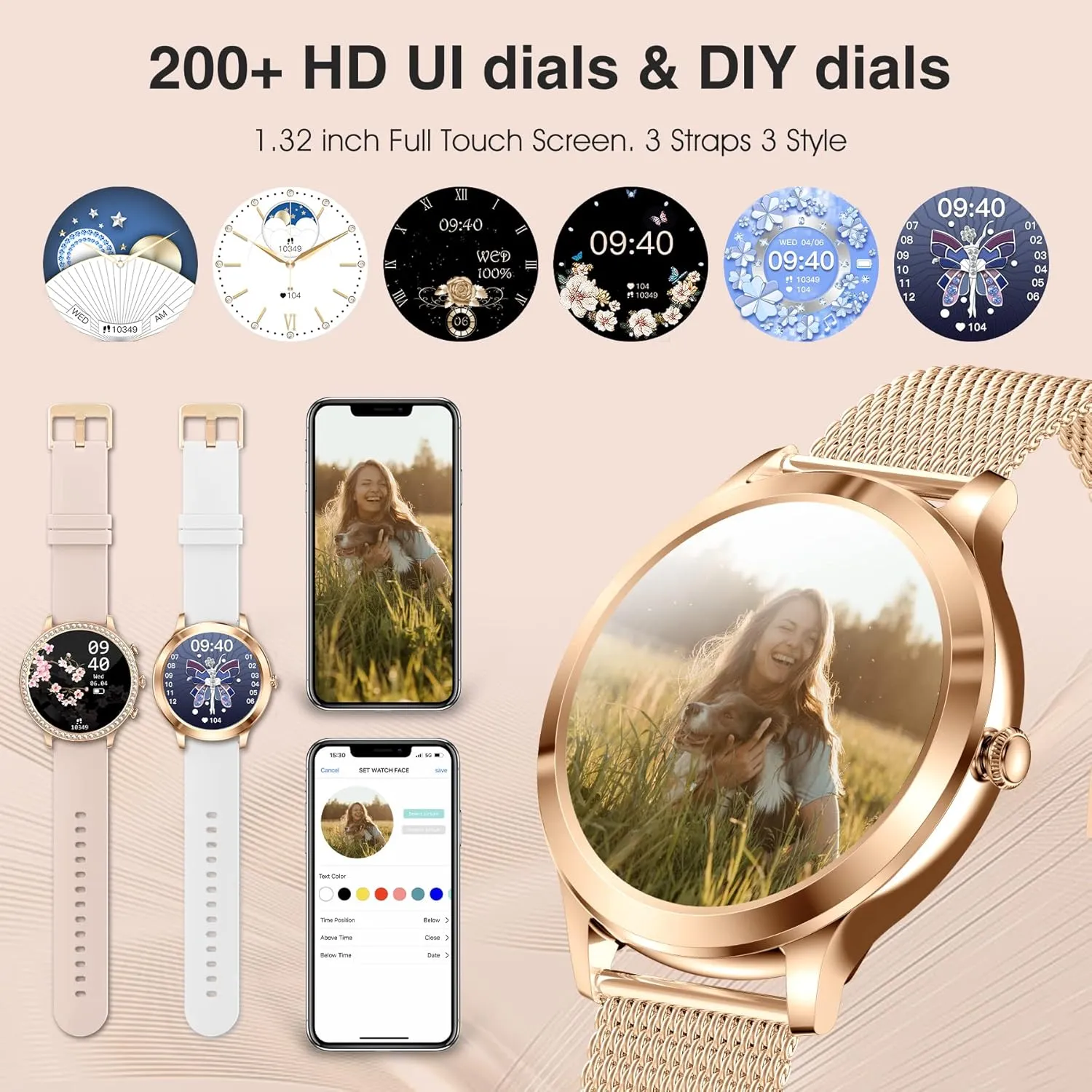 Sport Modes$ IP68 Waterproof$ Smartwatch supports Bluetooth calls/messages$ unless widow Compatible iPhone&Android$ 3 Bands Smart Watches for Women$ 1.32"HD Fitness Tracker$ 24/7 Heart Rate/Sleep Tracking$ 120  