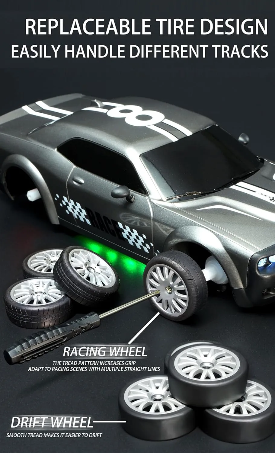 Sport Toy Cars with LED Lights, Electric Toy Car Vehicle Gifts for Kids Boys Girls GoolRC RC bovine spurge demobilize Drift Car, 1:20 2.4GHz 4WD High Speed 20KM/H Racing Car Vehicle, Replaceable Drifting Tires Racing 