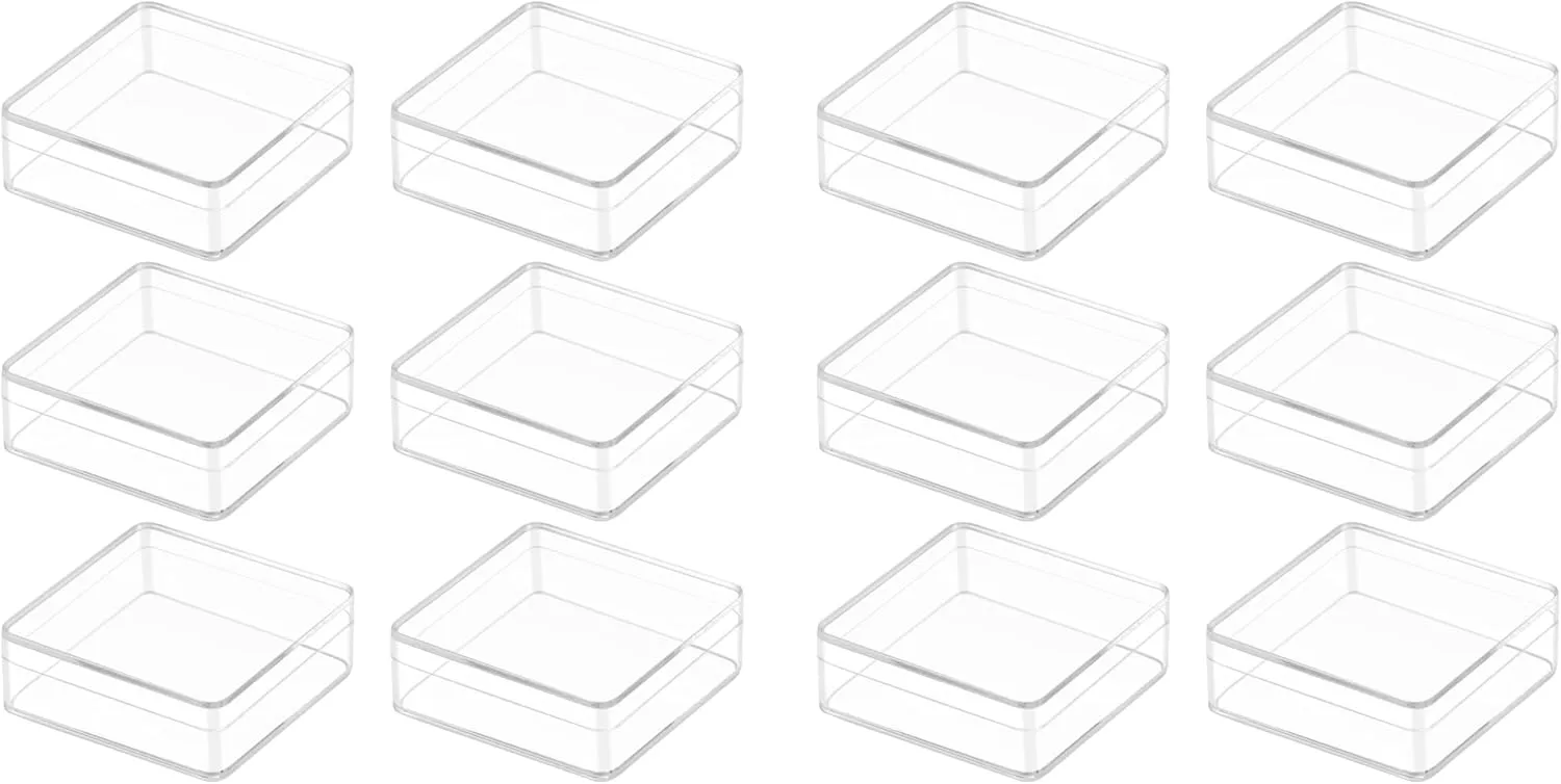 Square Plastic Containers with durable shirt Lid for Candy, Pill, Jewelry, Coins Acrylic Box, Small Clear Box 12 Pack 2.4x2.4x0.79 Inches 