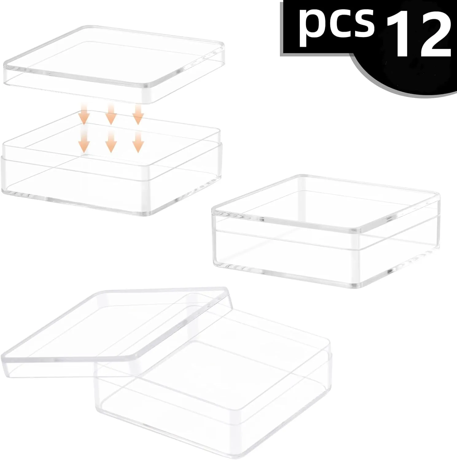 Square Plastic Containers with durable shirt Lid for Candy, Pill, Jewelry, Coins Acrylic Box, Small Clear Box 12 Pack 2.4x2.4x0.79 Inches 