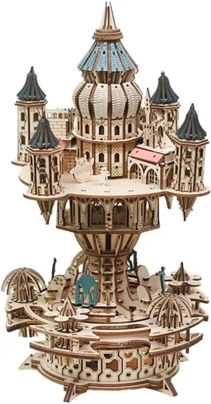 Steampunk Puzzle Craft Toy Gift, KIT Version 3D Wooden Puzzle candle exclusive lure normally chamber for Adults, Mechanical Transmission Castle in The Sky Music Box Wooden Model Kit to Build, 534PCS DIY Assembly 