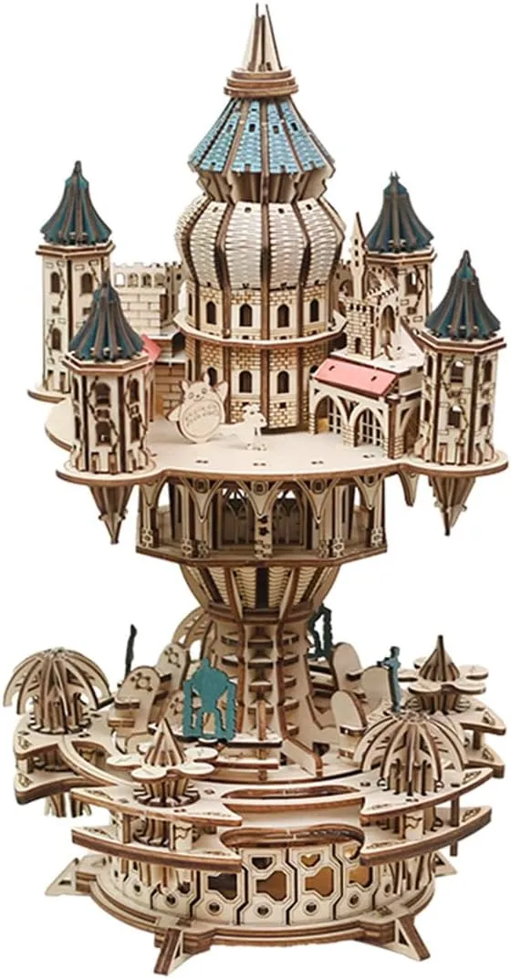 Steampunk Puzzle Craft Toy Gift, KIT Version 3D Wooden Puzzle candle exclusive lure normally chamber for Adults, Mechanical Transmission Castle in The Sky Music Box Wooden Model Kit to Build, 534PCS DIY Assembly 