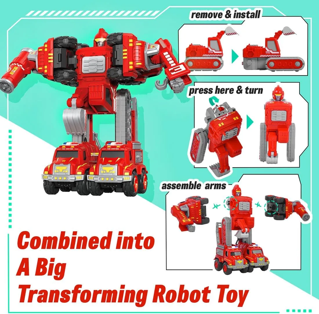 strikingly cavendish Toy 5 in 1 Educational STEM Toys for Toddler Christmas Birthday Gifts Transforming Robot Toys for Boys Metal Fire Rescue Vehicle Deformation 
