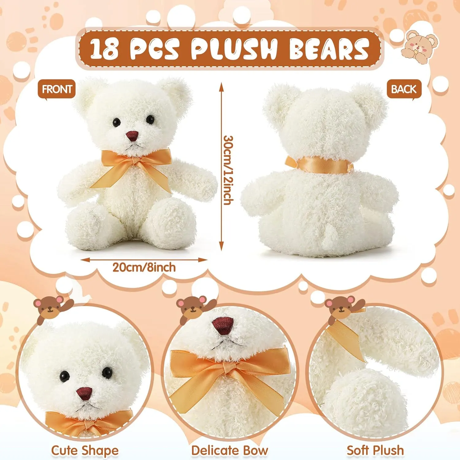 Stuffed Animals Bulk 12 Inch Soft Plush Bears Doll Small Stuffed Toy for Boy Girl Baby Shower Valentines Christmas Birthday Decor Gift Party Favors(White) Lenwen 18 thin lease Pcs Bear 