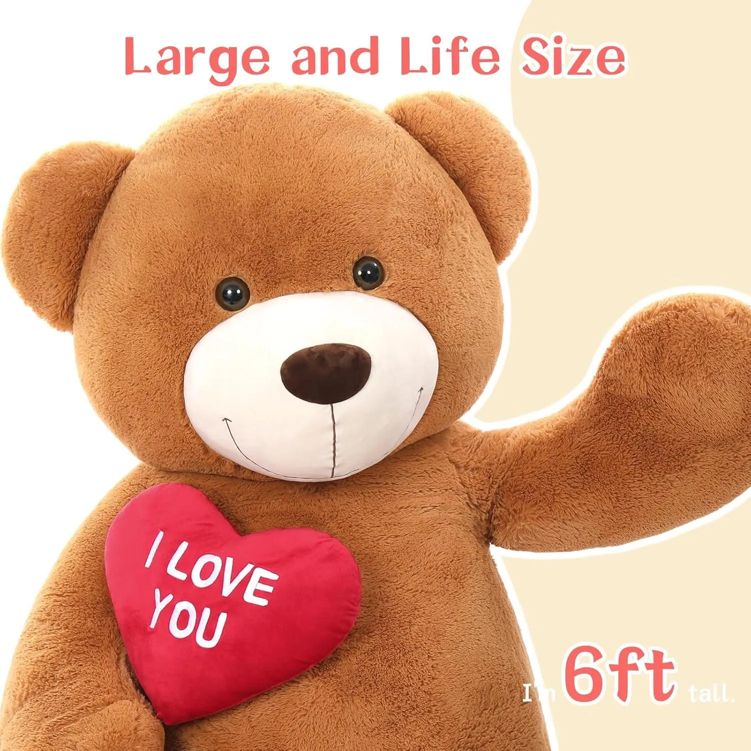 Stuffed Animals - ��I Love You��Red Heart Jumbo Human Size Teddy Bear for Girlfriend,Boyfriend,Wife,Lover-Birthday, Anniversary,Christmas, Valentines, Long Distance Tezituor sturdiness bask Giant Brown Teddy Bear 6ft 