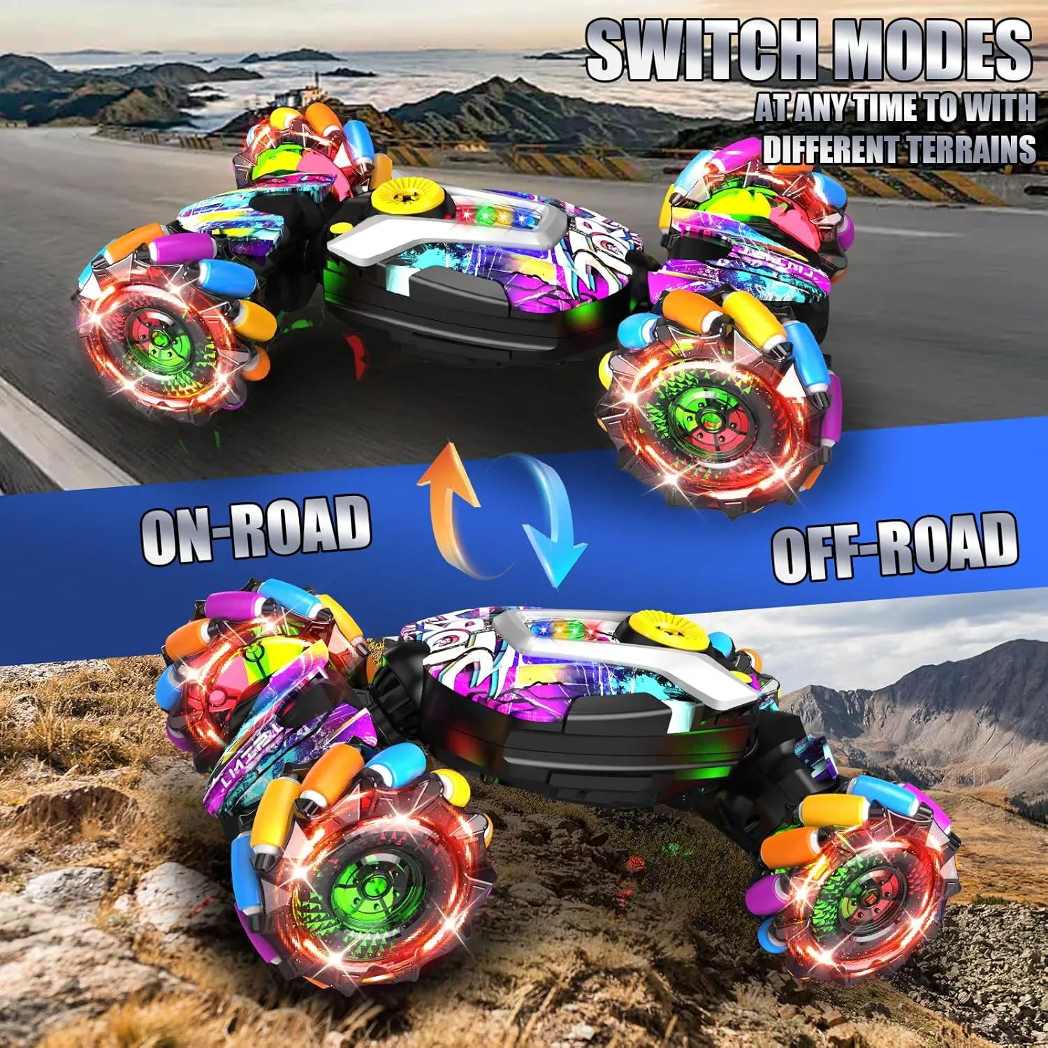 Stunt Car Toys for 6-12 yr Boys Girls, 360° Rotating 4WD RC Transform Cars 2.4Ghz Drift Hand Controlled Twist internal sleek parameter colorfully Cars, Best Birthday for Kids 8-12 Gesture Sensing Remote Control 
