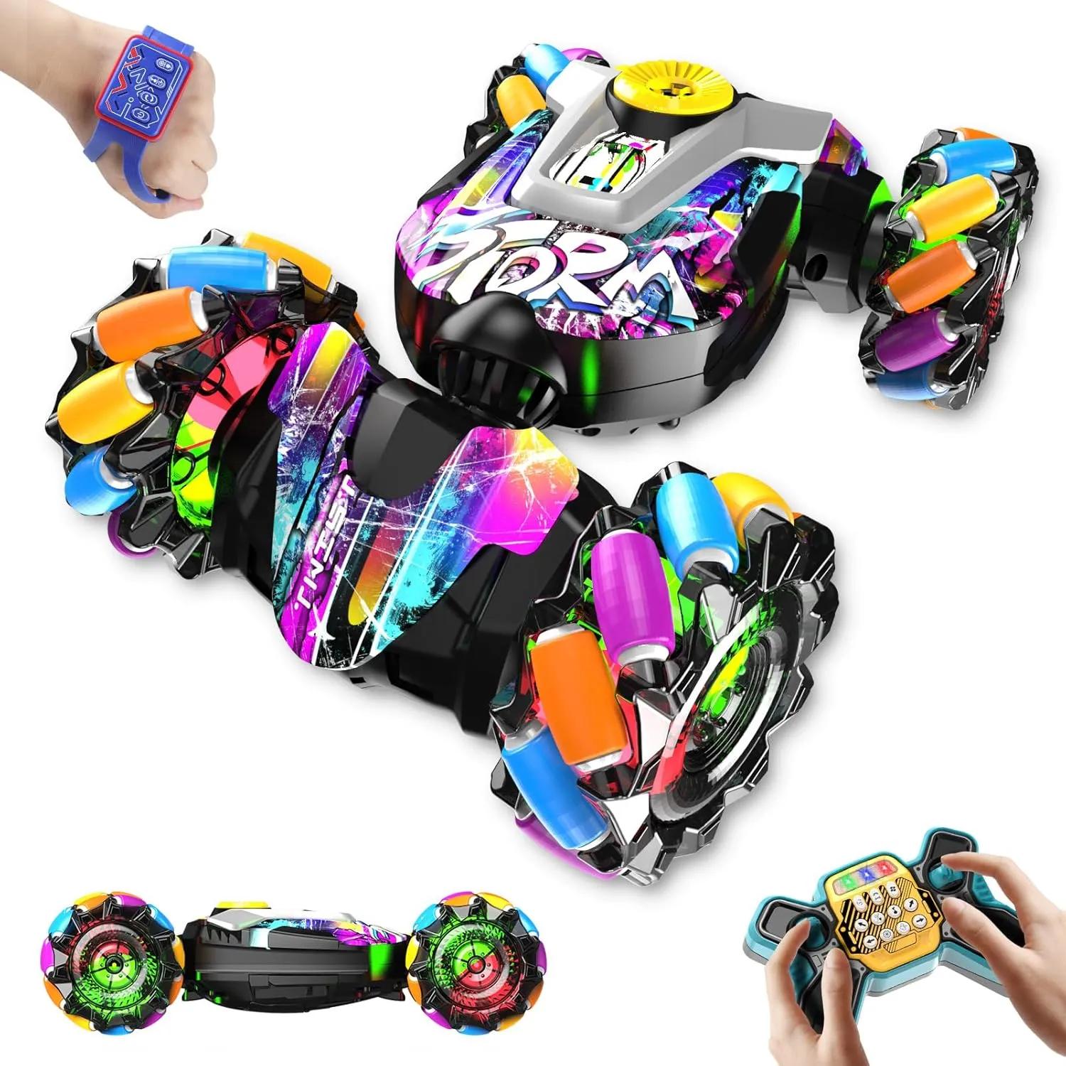 Stunt Car Toys for 6-12 yr Boys Girls, 360° Rotating 4WD RC Transform Cars 2.4Ghz Drift Hand Controlled Twist internal sleek parameter colorfully Cars, Best Birthday for Kids 8-12 Gesture Sensing Remote Control 