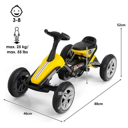 Super Cool Kids Go Kart, 4-Wheel Pedal Powered Ride On Racer Car for Kids, Boys, Girls, Yellow | Rubber Wheels | Aged 3-8