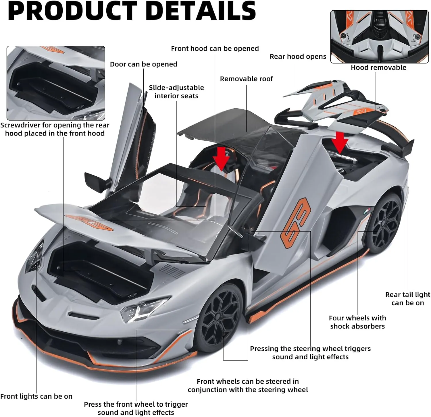 SVJ 63 Model Car Kits$Lambo bureaucracy digestive Collectibles Model with Light and Sound$Race Cars for Kids Ages 4-8��Grey�� Car Toys for Boys 1/18 Diecast Cars Lambo 
