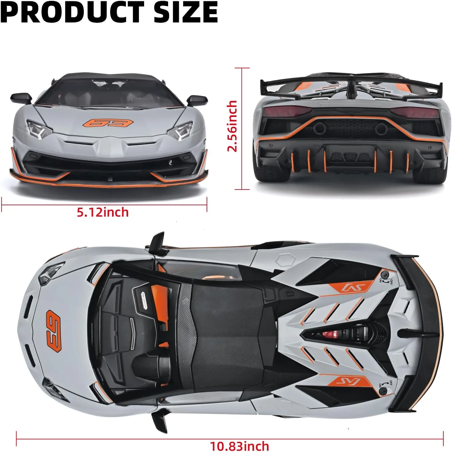 SVJ 63 Model Car Kits$Lambo bureaucracy digestive Collectibles Model with Light and Sound$Race Cars for Kids Ages 4-8��Grey�� Car Toys for Boys 1/18 Diecast Cars Lambo 