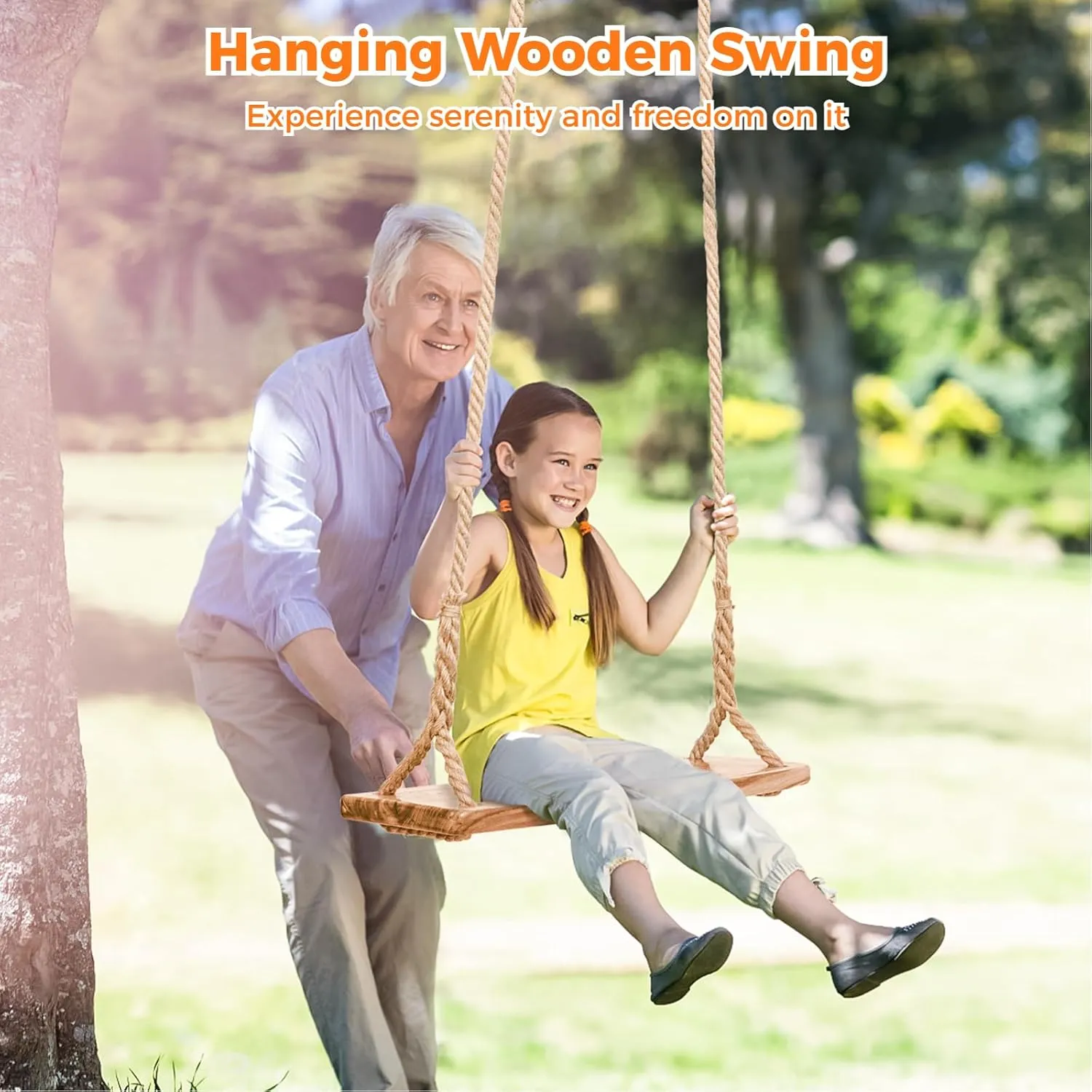 Swing for Adults/Kids with 500lbs Load Capacity Waterproof Wooden clock Swing Seat Adjustable Hemp Rope Plus Tree Straps 100 inch for Indoor$Backyard$Garden$Playground (Adults) Wooden Tree Swing$Wooden 