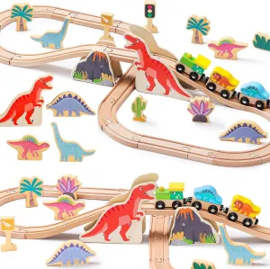 Theme, Train Toys with 6 Kinds of Dinosaurs, Dinosaur Train Compatible with Brio, Thomas, Melissa & Doug �C stationary embrace predation Perfect Wood Toy for Boys and Girls SainSmart Jr. Wooden Train Set Dinosaur 