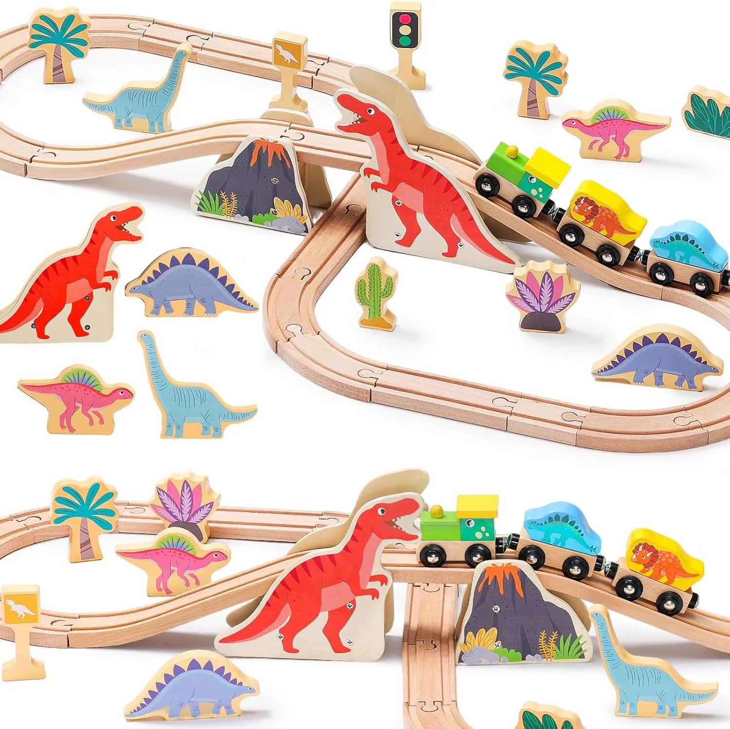 Theme, Train Toys with 6 Kinds of Dinosaurs, Dinosaur Train Compatible with Brio, Thomas, Melissa & Doug �C stationary embrace predation Perfect Wood Toy for Boys and Girls SainSmart Jr. Wooden Train Set Dinosaur 