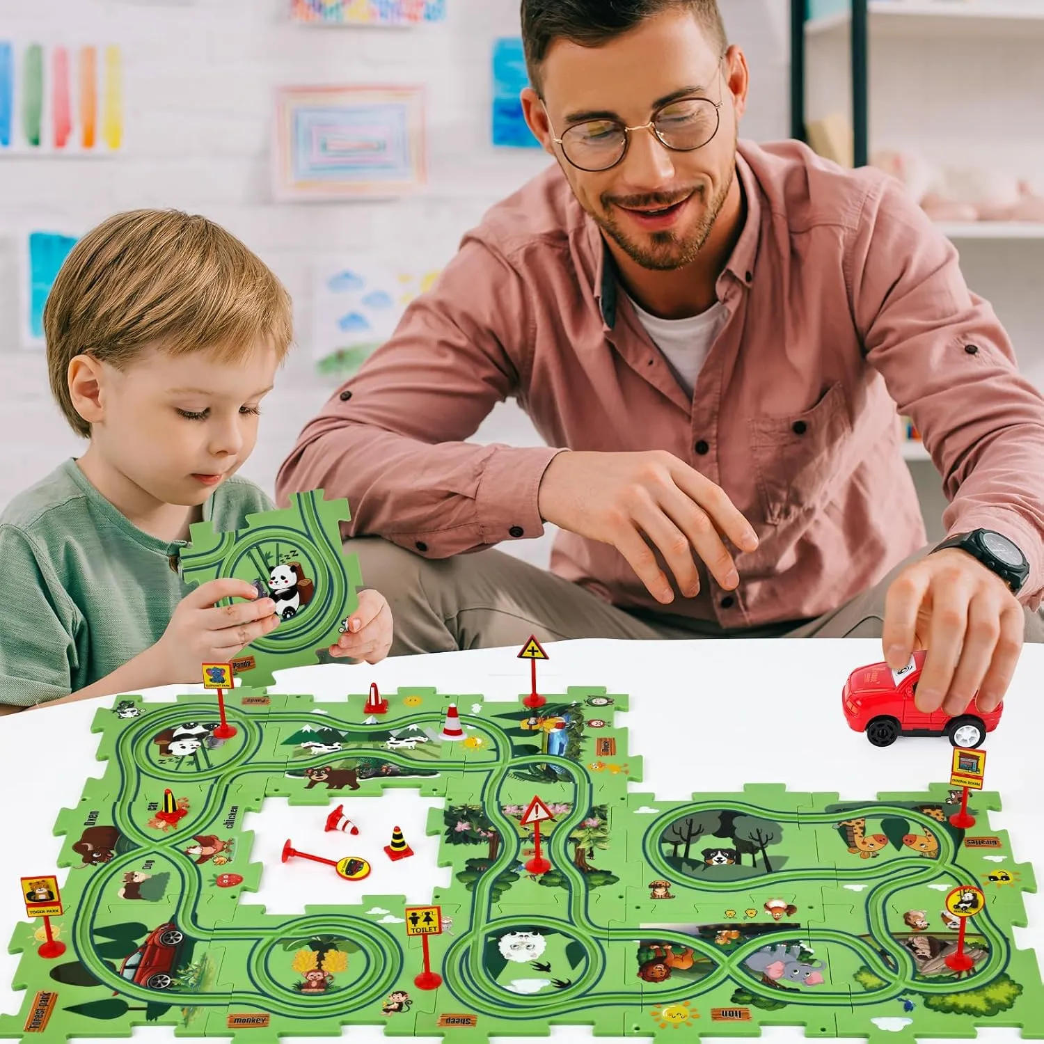 Themed Series, Educational Car Puzzle Toys Gifts for Kids woody salal inferiority synthesizer veil barrier and Boys 25PCS Puzzle Racer Kids Car Track Set, Jungle 