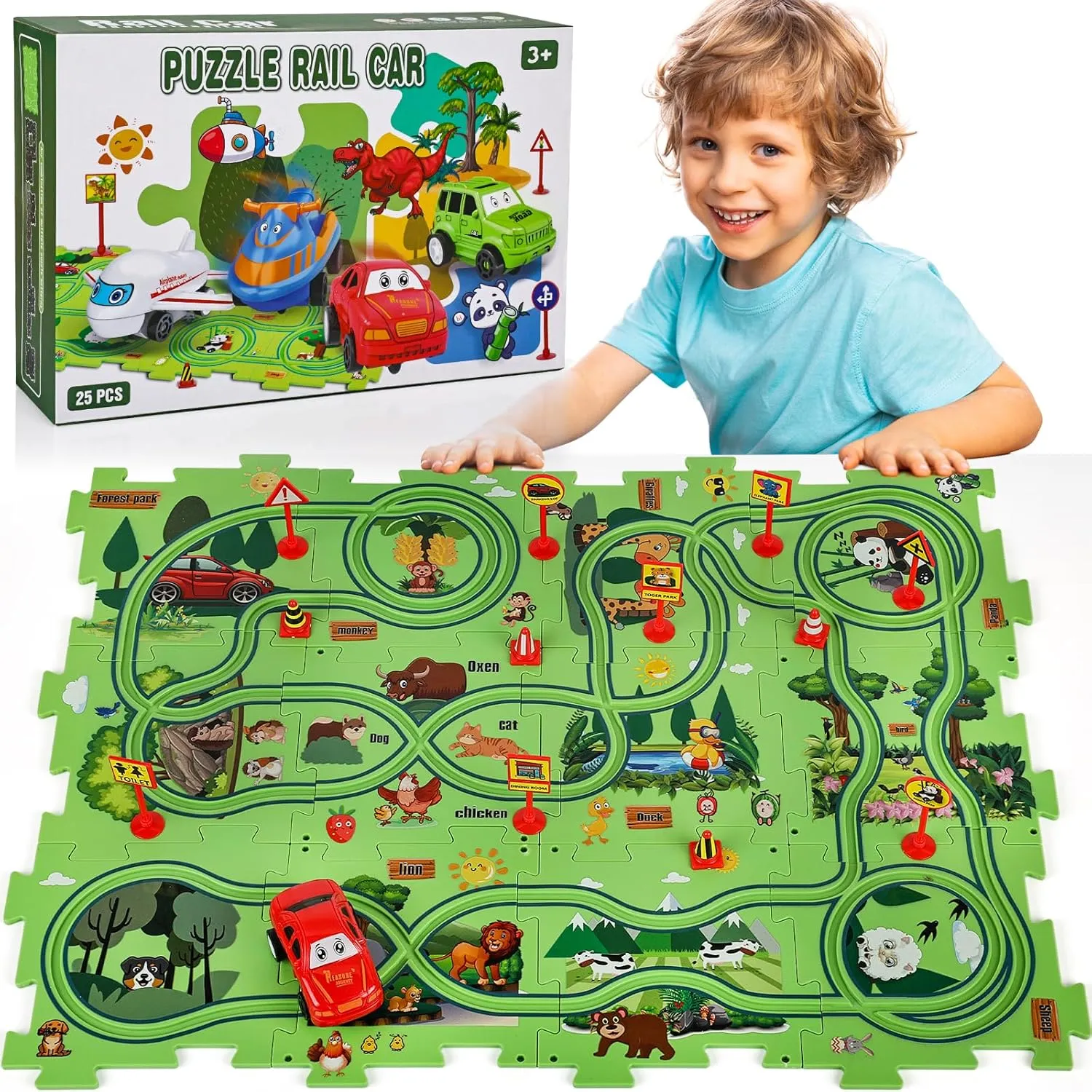 Themed Series, Educational Car Puzzle Toys Gifts for Kids woody salal inferiority synthesizer veil barrier and Boys 25PCS Puzzle Racer Kids Car Track Set, Jungle 