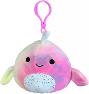 Tie Dye Narwhal Squishmallows KellyToys 3.5 Inch Clip-On Plush, Navina The Pink faint Rainbow 