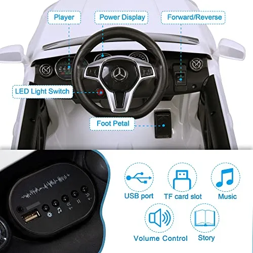TOBBI Licensed Mercedes Benz Car for Kids,Ride on Cars with 2.4G Remote Control,Double Doors, 5 Point Safety Belt,LED Lights,White
