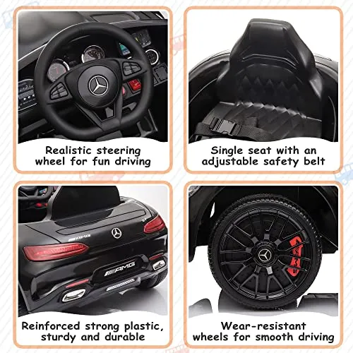TOBBI Ride On Car 12V Licensed Mercedes Benz AMG GT Electric Car for Kids Ride On Toys Vehicle with 2.4G Remote Control, 2 Powerful Motors , Music, Horn, USB, Black