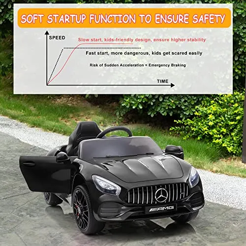 TOBBI Ride On Car 12V Licensed Mercedes Benz AMG GT Electric Car for Kids Ride On Toys Vehicle with 2.4G Remote Control, 2 Powerful Motors , Music, Horn, USB, Black