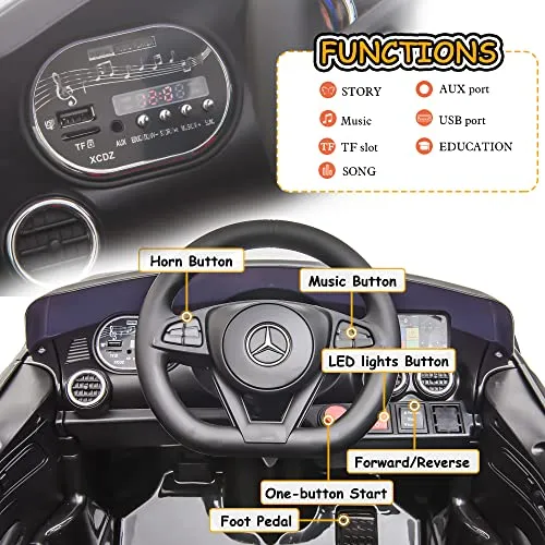 TOBBI Ride On Car 12V Licensed Mercedes Benz AMG GT Electric Car for Kids Ride On Toys Vehicle with 2.4G Remote Control, 2 Powerful Motors , Music, Horn, USB, Black