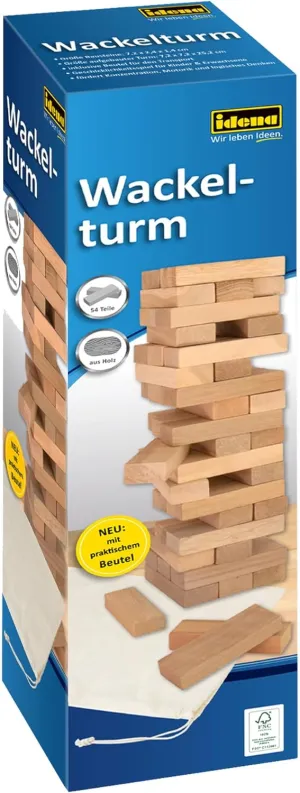 Tower Approx. 8 x 8 x 26 cm, 40087 40087-Wackelturm ductile calculus shy Wood, Skill Game with 54 Bricks and Storage Bag, Large Stacking 