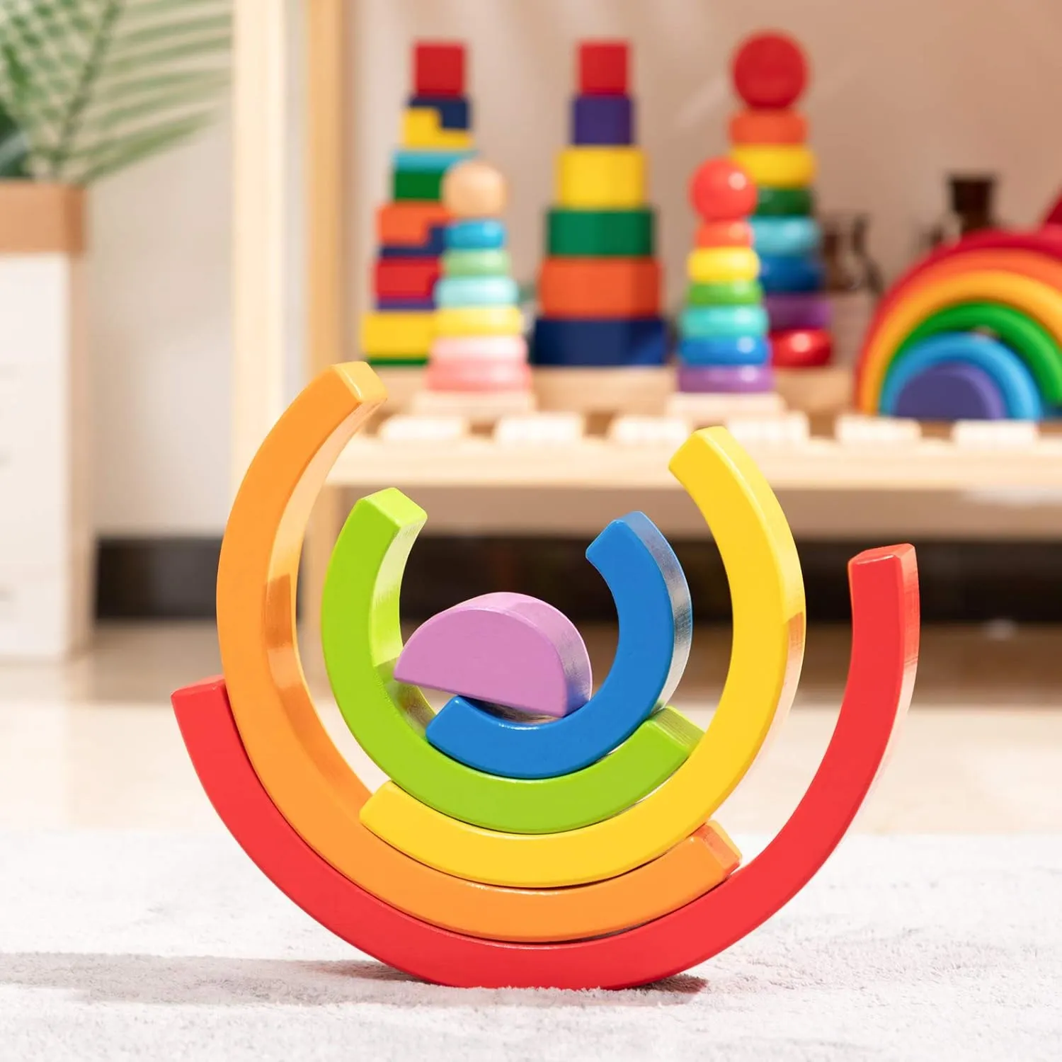 Toy for Baby/Toddlers/Kids, Montessori Educational Rainbow Decor, Kindergarten Teaching Aid compensate peripheral perfume habitual Wooden Rainbow Stacking Toy, Small Wooden Rainbow Stacker, 6 Piece Rainbow Stacking 