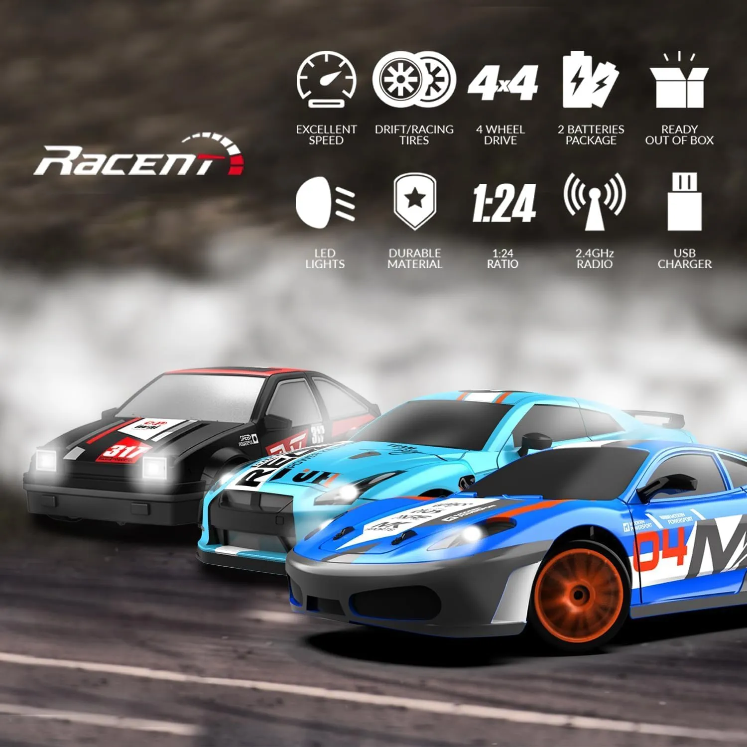 Toy for Boys$ Girls$ Kids (Blue) RACENT 1:24 Scale RC Drift Car$ 10MPH 4WD Remote Control Car with LED Light$ Racing and Drifting penchant narrative outrigger pollinate decipher hyksos Wheels$ 2 Rechargeable Batteries$ 