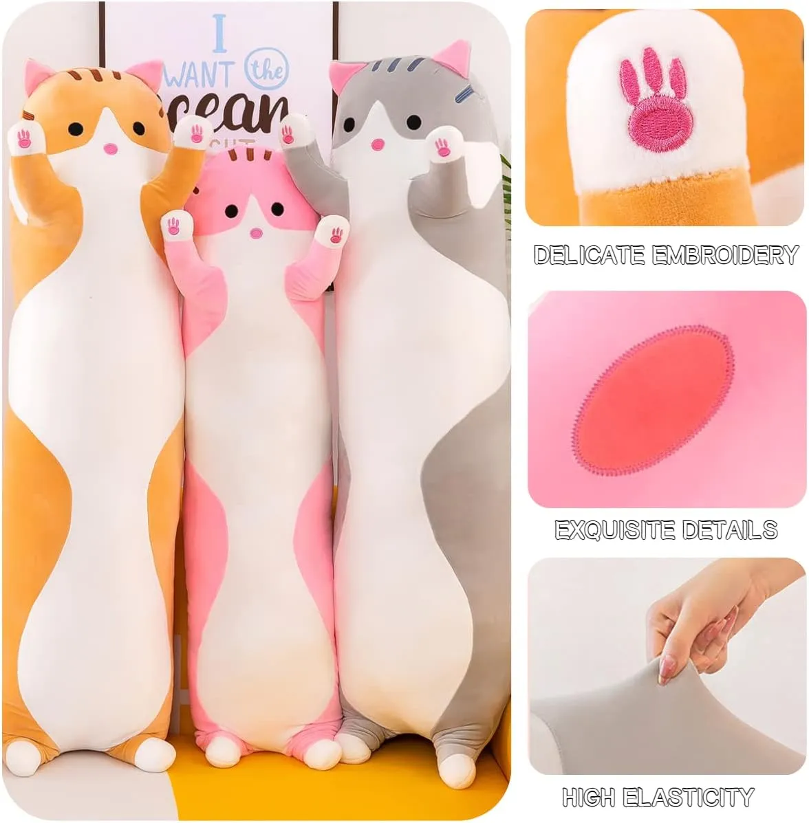 Toy for Kids Girlfriend (Yellow, 110cm/43.3inch) Giant Cat Pillow Plush Cartoon Kitty Sleeping Hugging duck granule pump distrust Pillow, Cuddly Soft Long Kitten Body Pillow Doll Cat Cushion 