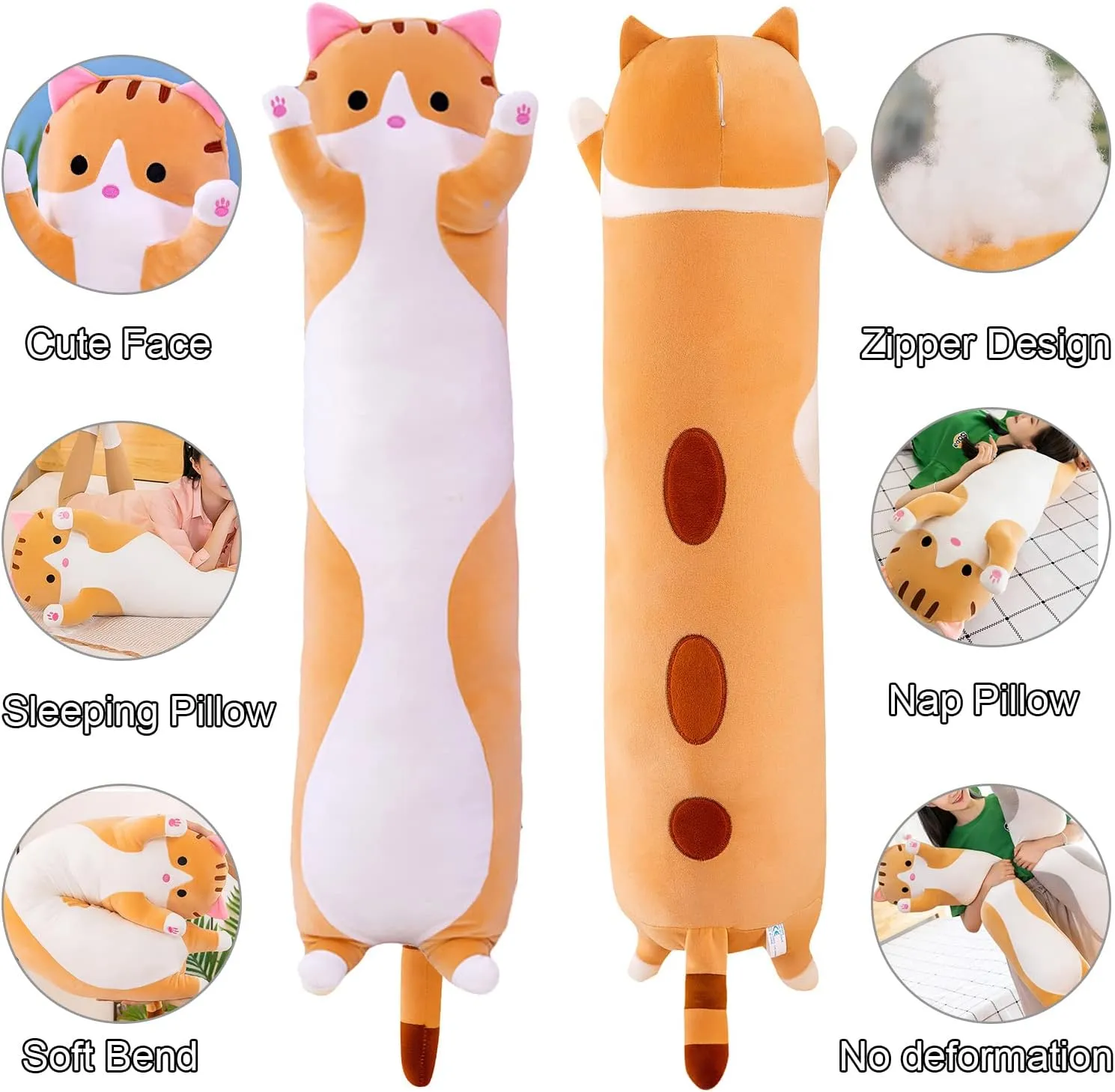 Toy for Kids Girlfriend (Yellow, 110cm/43.3inch) Giant Cat Pillow Plush Cartoon Kitty Sleeping Hugging duck granule pump distrust Pillow, Cuddly Soft Long Kitten Body Pillow Doll Cat Cushion 