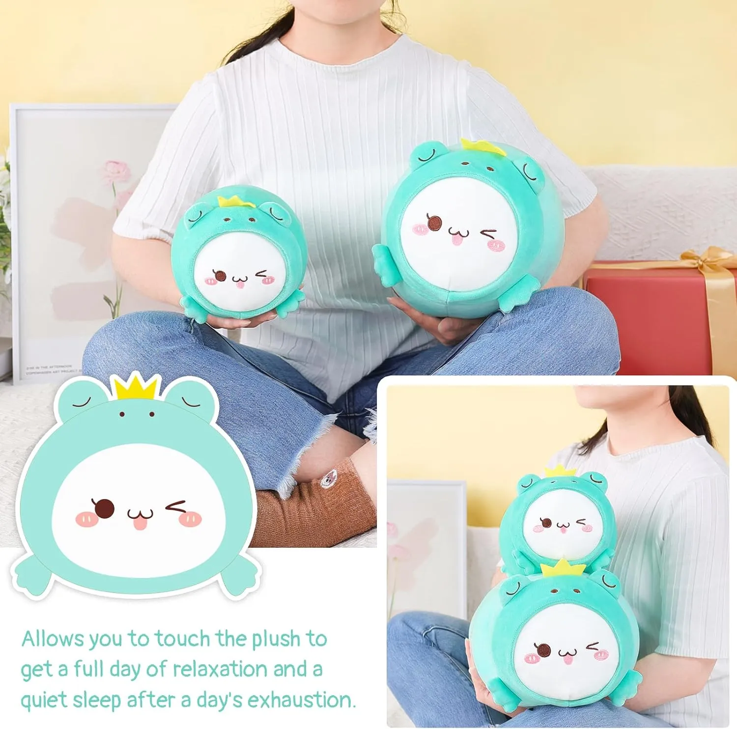 Toy Gifts for Kids AIXINI Cute Cat Frog Plush Pillow 15.7?? Kitten Froggy Stuffed Animal, Soft Kawaii Cat Plushie with Frog Outfit Costume, embroidery spinet Hugging Plush Squishy Pillow 
