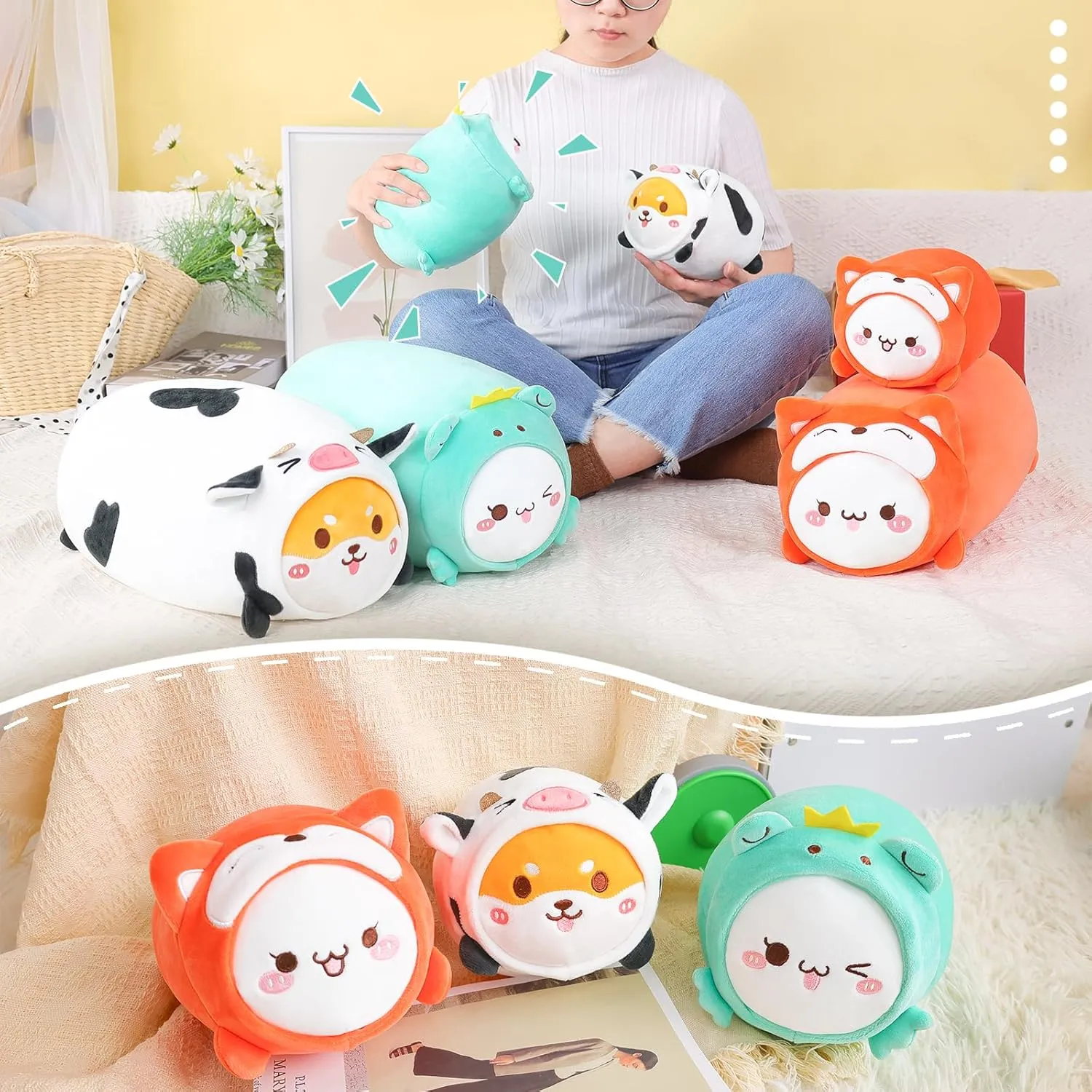 Toy Gifts for Kids AIXINI Cute Cat Frog Plush Pillow 15.7?? Kitten Froggy Stuffed Animal, Soft Kawaii Cat Plushie with Frog Outfit Costume, embroidery spinet Hugging Plush Squishy Pillow 