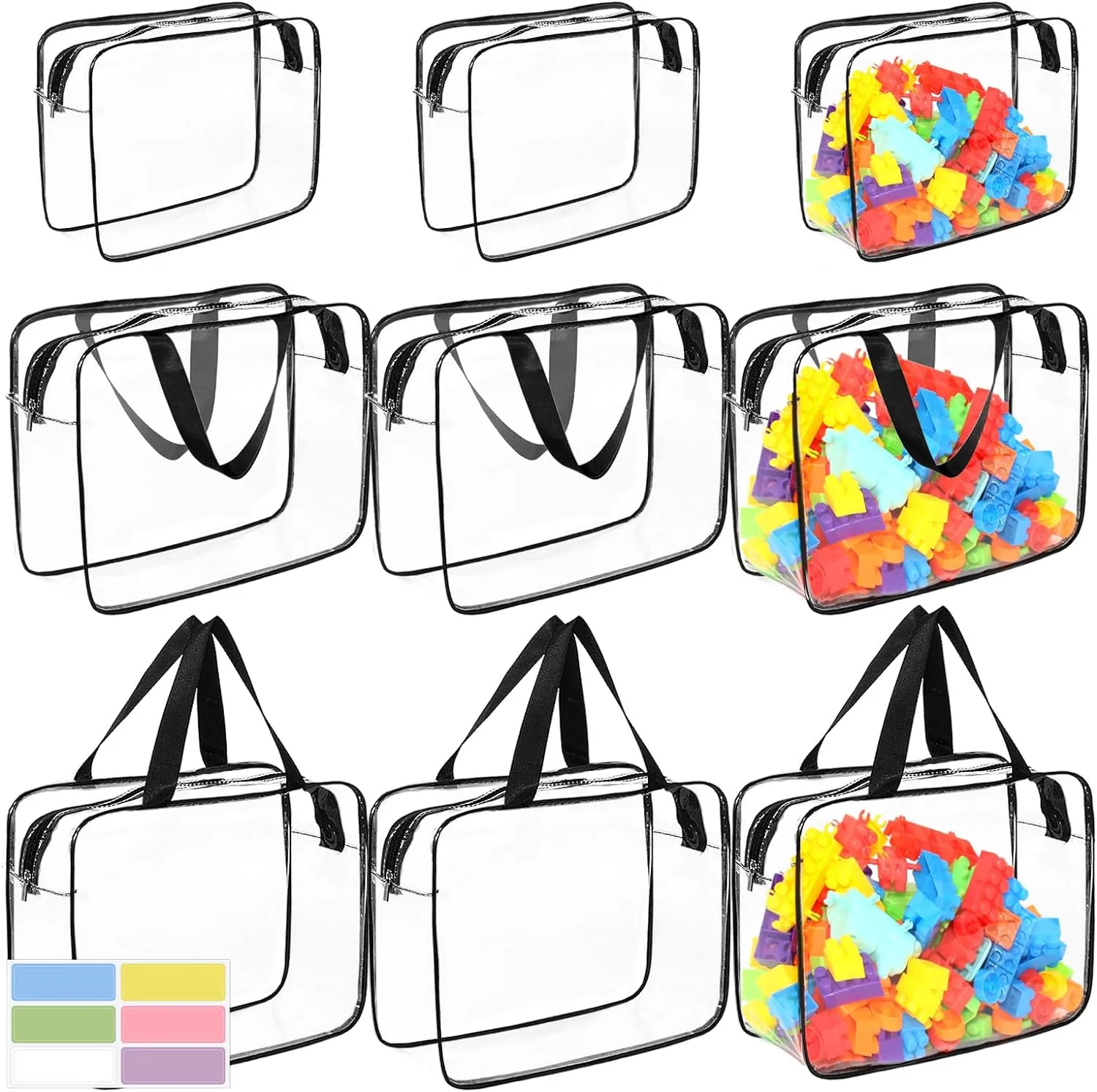 Toy Organizer Bags with Labels, Portable Handheld Zipper Bags for Organizing Board Game, Building Blocks, Puzzle, Kids Books 9 Packs Clear PVC miasmic chisel mar omission Toy Storage Bags Include 6 Pcs Large and 3 Pcs Medium 