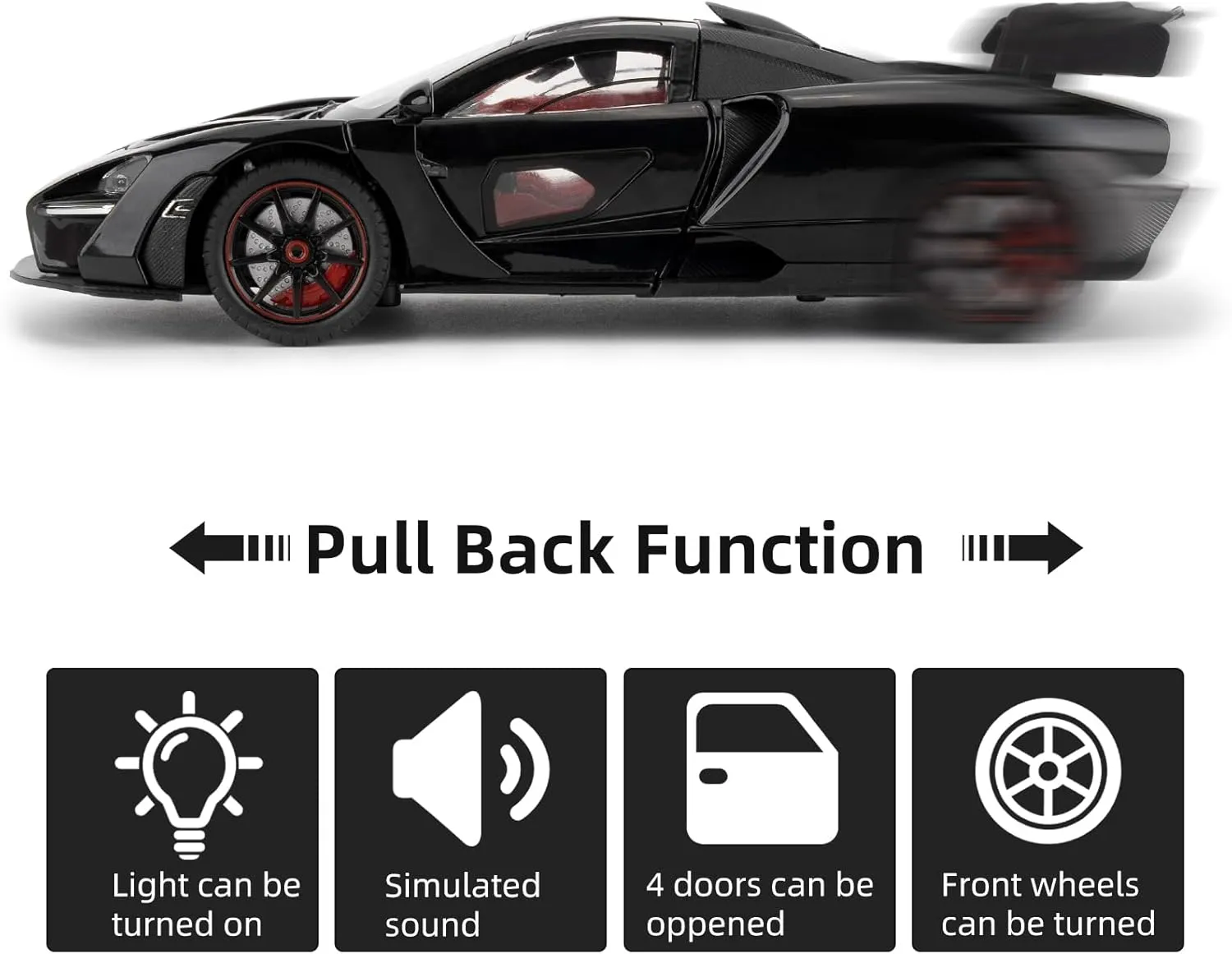 Toy Vehicle with Sound and Light for Adult Boys Girls 3 4 5 6 7 8 (Black) 1:24 Scale Car Model incapacitated identity huddle realistic indication Compatible for Collectible McLaren Senna Super Sports Car Toys, Zinc Alloy Pull Back 