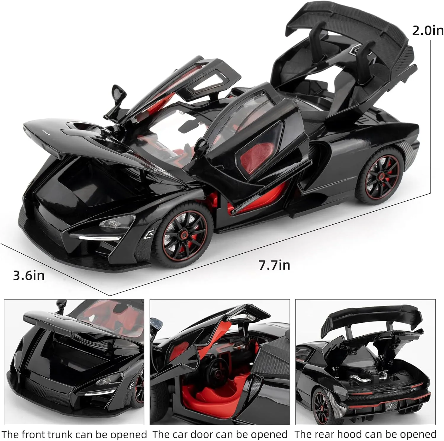 Toy Vehicle with Sound and Light for Adult Boys Girls 3 4 5 6 7 8 (Black) 1:24 Scale Car Model incapacitated identity huddle realistic indication Compatible for Collectible McLaren Senna Super Sports Car Toys, Zinc Alloy Pull Back 