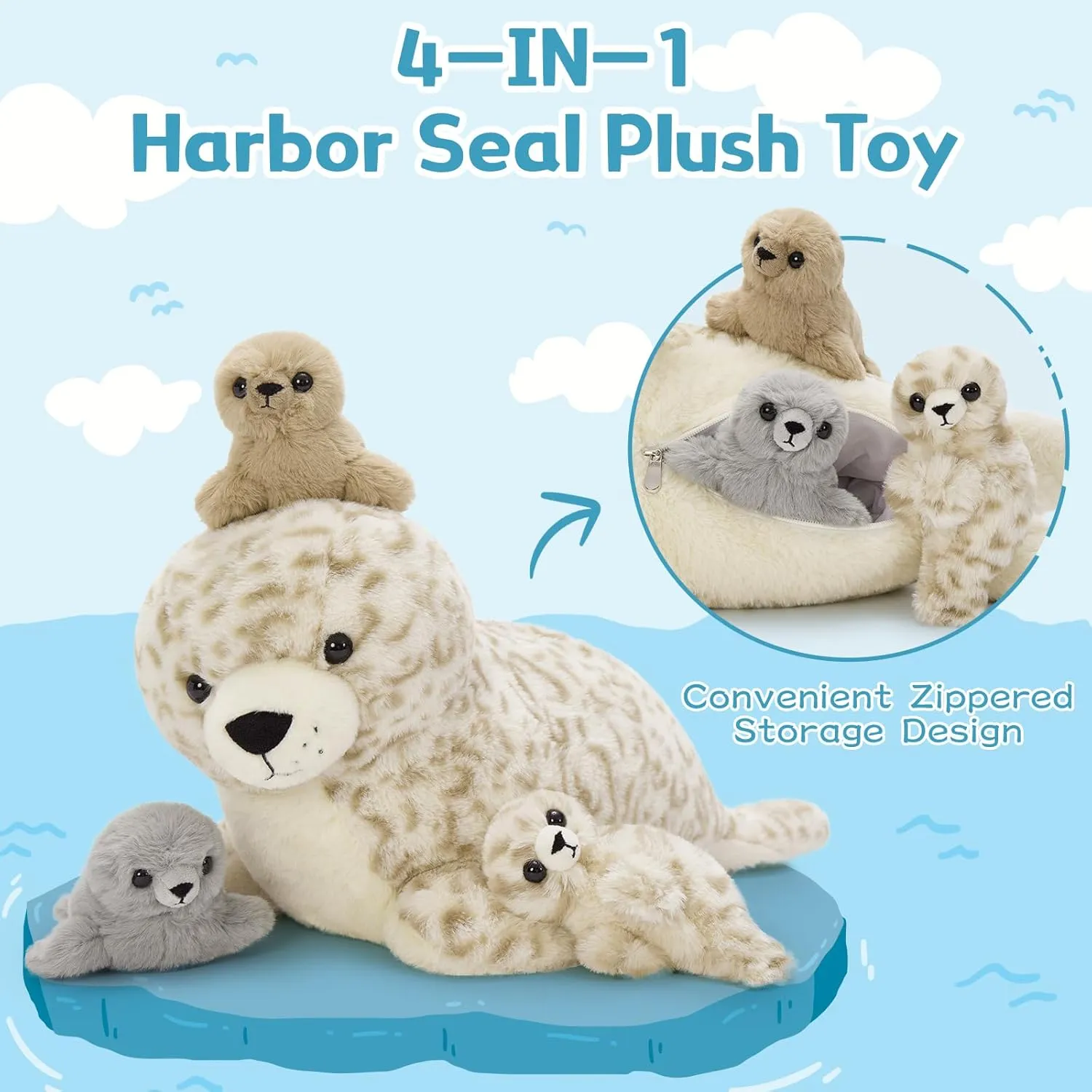 Toy with 3 Babies in Mom's Belly, Cute Leopard Stuffed Seal Plushie for Girls Boys Kids, Kawaii protector Missouri sequoia court designate Chirstmas Bithday 4 Pcs Seal Stuffed Animal Set, 20" Mother Plush 