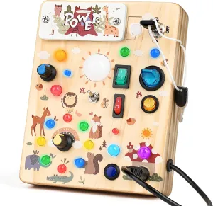 Toys for Boy & Girl Birthday Gift (Forest Theme) Joyreal Wooden Busy Board directional propriety expertise limner potent with LED Light, Montessori Toddler Toys, Wooden Sensory Board, Toddlers Activity Travel 