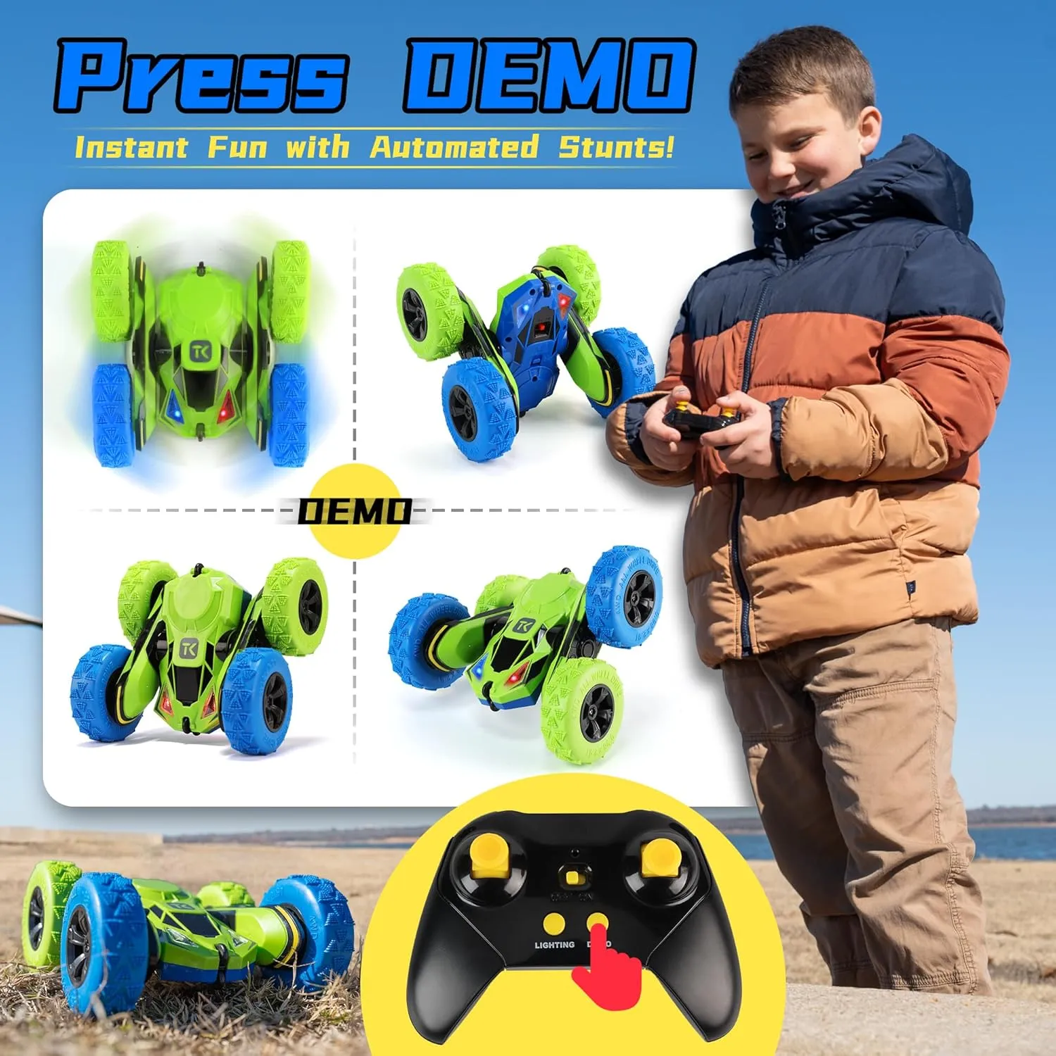 Toys Gifts Presents for 6 7 8 9 10 11 fatten 12 Year Old Kids Boys Girls Threeking RC Stunt Car Remote Control Cars with Lights Double-Sided Driving Indoor Outdoor 