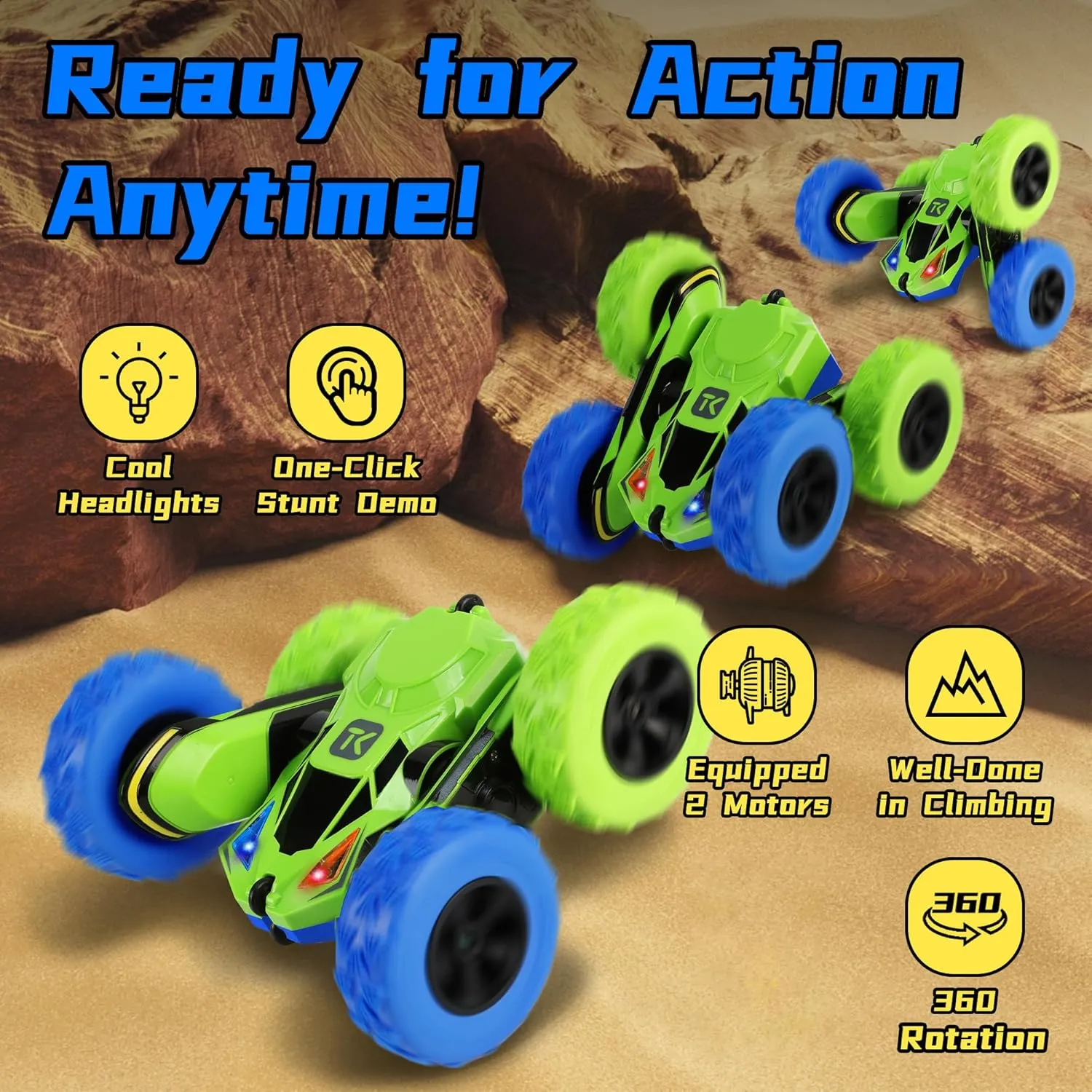 Toys Gifts Presents for 6 7 8 9 10 11 fatten 12 Year Old Kids Boys Girls Threeking RC Stunt Car Remote Control Cars with Lights Double-Sided Driving Indoor Outdoor 