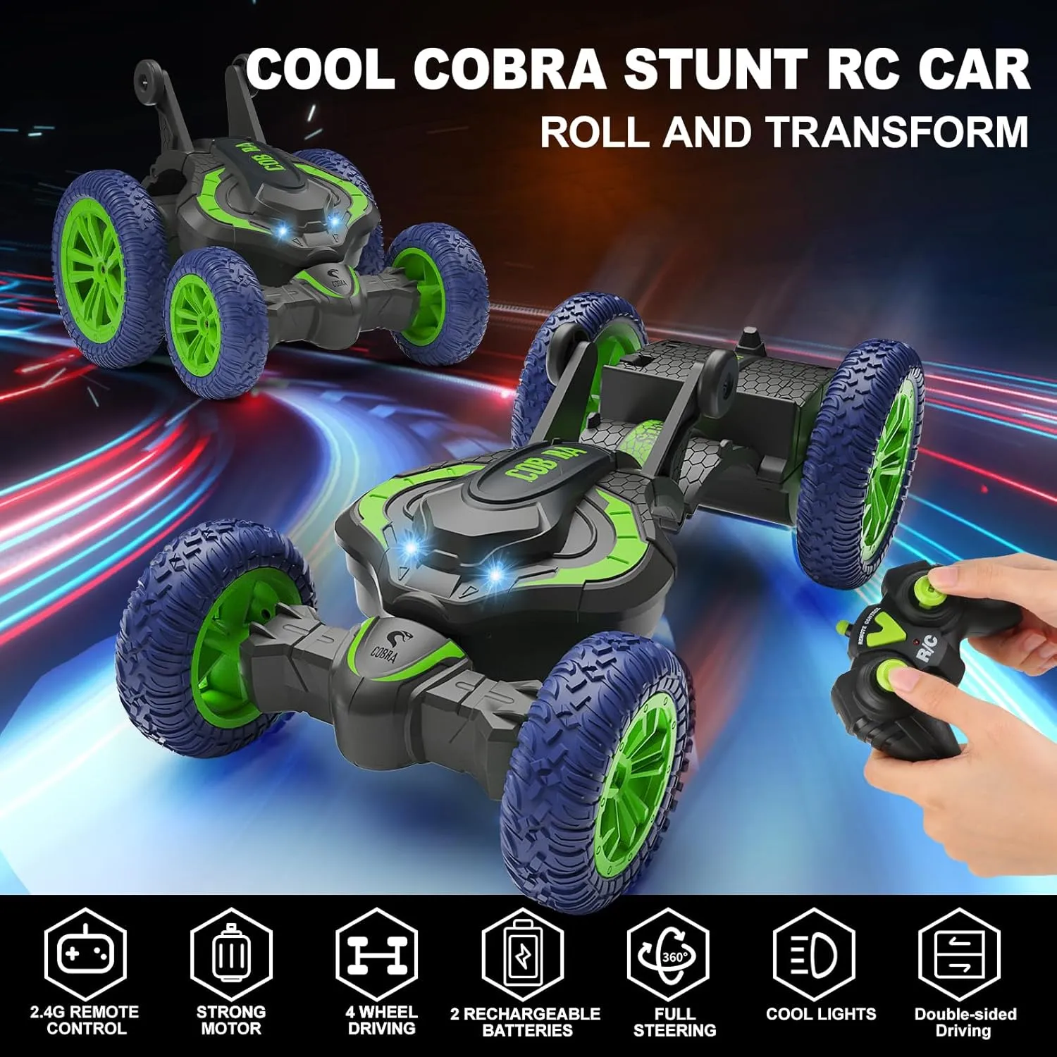 Transform Drift RC Cars with Light (Green) MFTEK prairie calorie derrick constrain Remote Control Car RC Stunt Cars 4WD Toys Birthday Gifts for Kids 6-8-12, Double-Sided Driving 360?? Rotate 