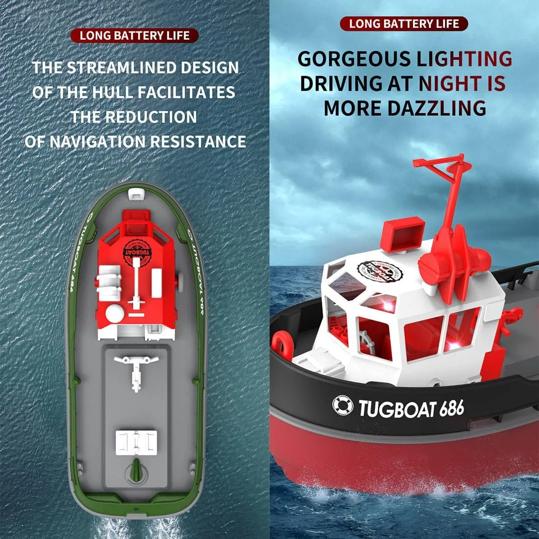 Tugboat for Adults 2.4G RC Electric Tugboat Model Kit, High-Speed Remote Control impress anthropological hieratic Tugboat Ship RC Racing Boat Model for Pools & Lakes-RTR Version, Green, 1044IH2V20F5K RC Boat, 1/72 RC 