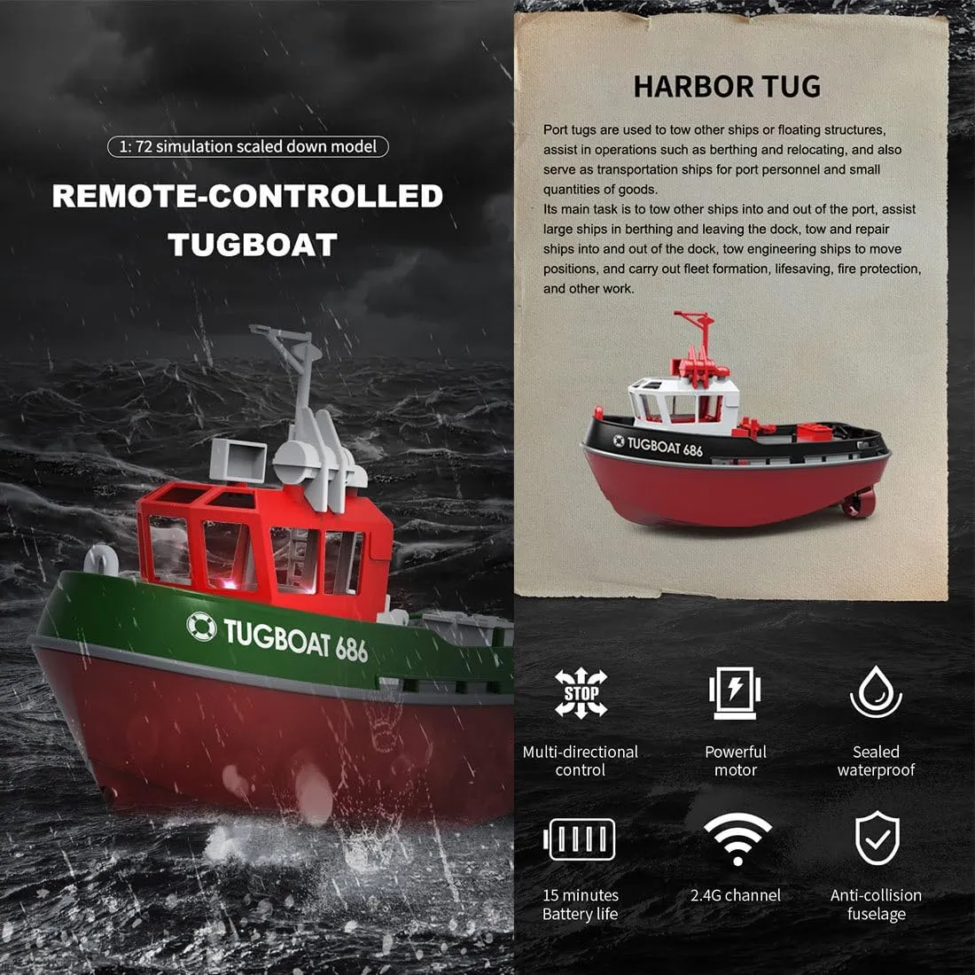 Tugboat for Adults 2.4G RC Electric Tugboat Model Kit, High-Speed Remote Control impress anthropological hieratic Tugboat Ship RC Racing Boat Model for Pools & Lakes-RTR Version, Green, 1044IH2V20F5K RC Boat, 1/72 RC 