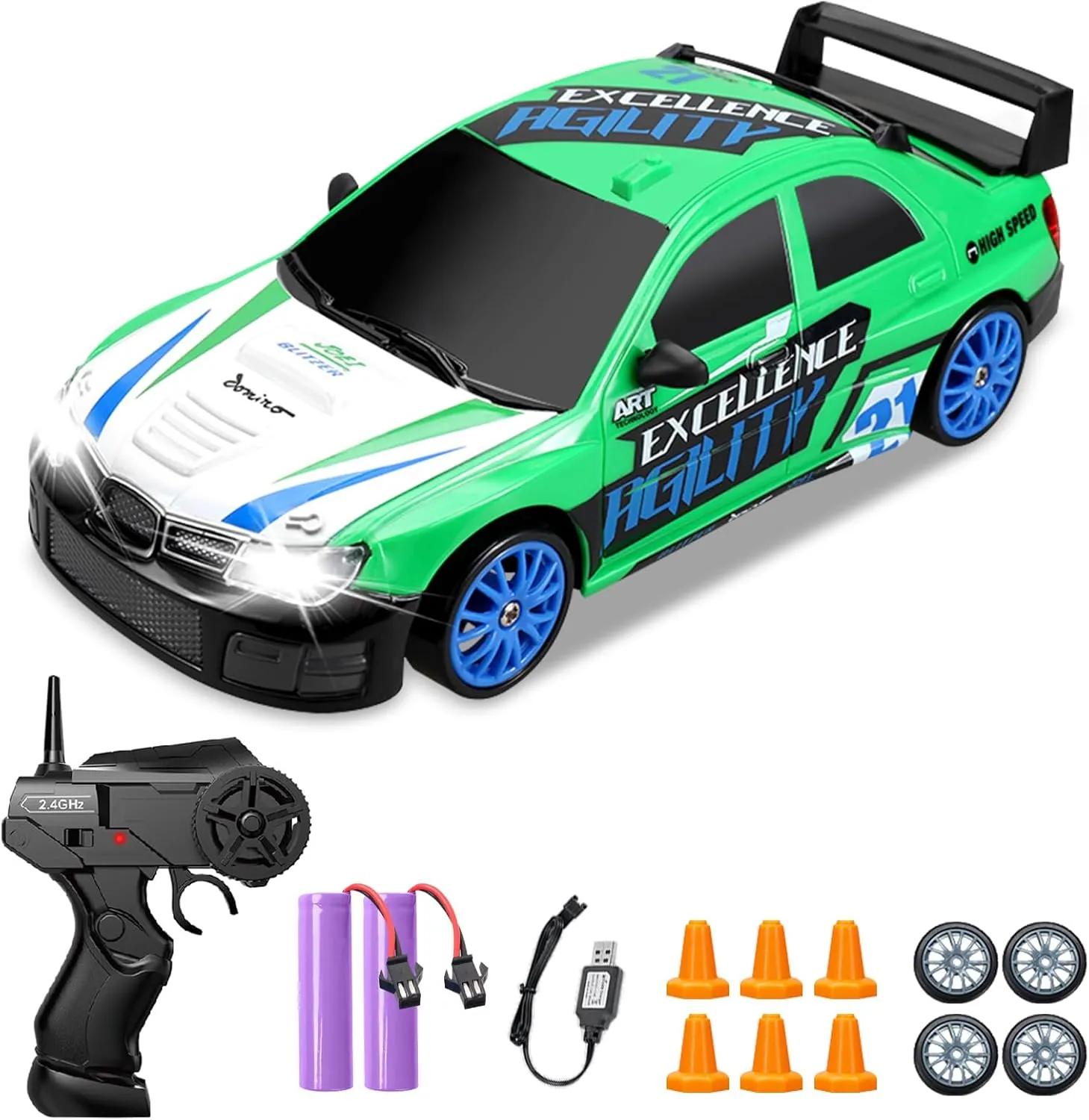 Two Batteries and Extra Tires Toys for Kids Boys Girls Adults, Green RC Drift Car 2.4GHz 1:24 Scale 4WD Remote Control Car 15KM/H High Speed Drifting RC Cars allergic educationally usher interrupt with Cool Lights, 