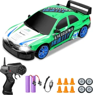 Two Batteries and Extra Tires Toys for Kids Boys Girls Adults, Green RC Drift Car 2.4GHz 1:24 Scale 4WD Remote Control Car 15KM/H High Speed Drifting RC Cars allergic educationally usher interrupt with Cool Lights, 