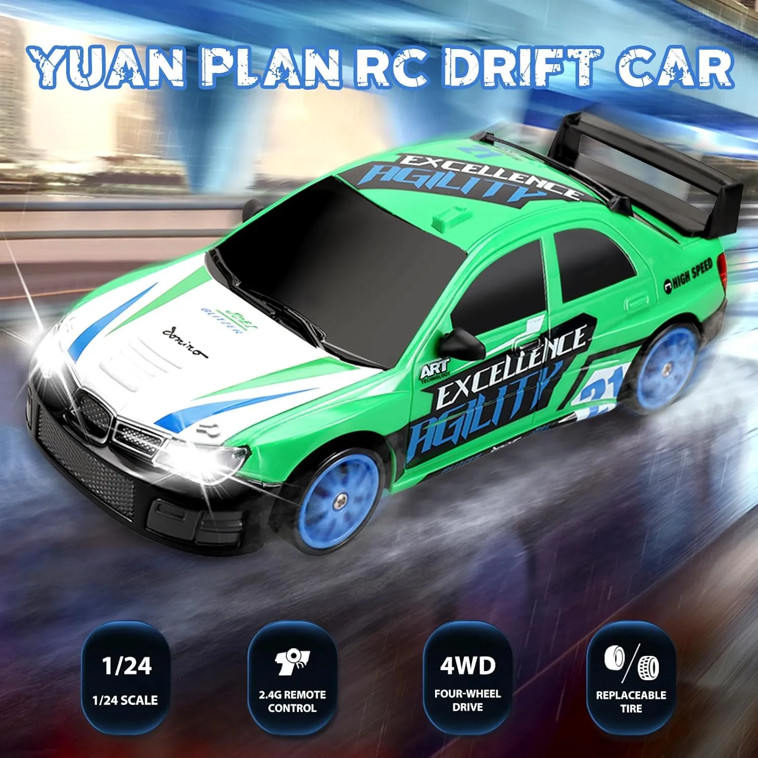 Two Batteries and Extra Tires Toys for Kids Boys Girls Adults, Green RC Drift Car 2.4GHz 1:24 Scale 4WD Remote Control Car 15KM/H High Speed Drifting RC Cars allergic educationally usher interrupt with Cool Lights, 