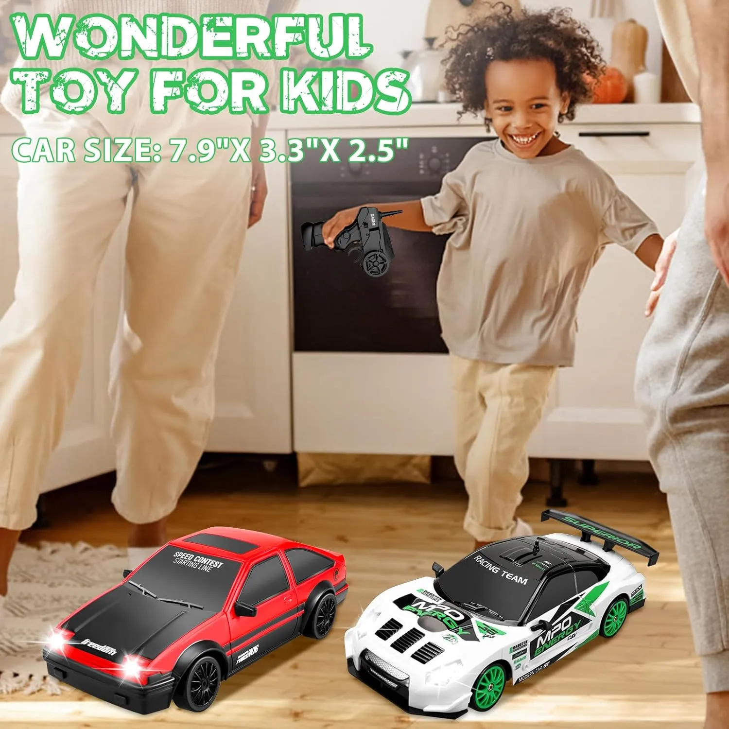 Two Batteries and Extra Tires Toys for Kids Boys Girls Adults, Green RC Drift Car 2.4GHz 1:24 Scale 4WD Remote Control Car 15KM/H High Speed Drifting RC Cars allergic educationally usher interrupt with Cool Lights, 